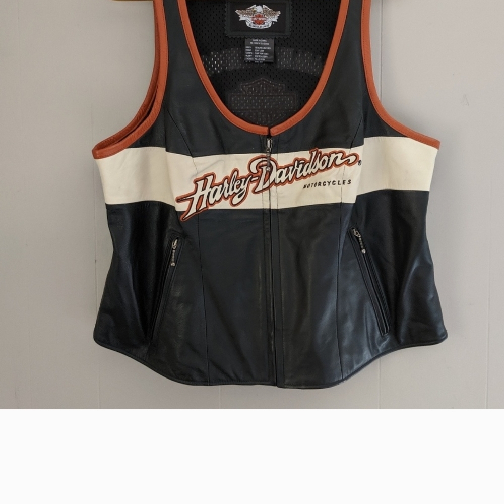 Harley-Davidson Black and Orange Leather Vest with White Stripe
